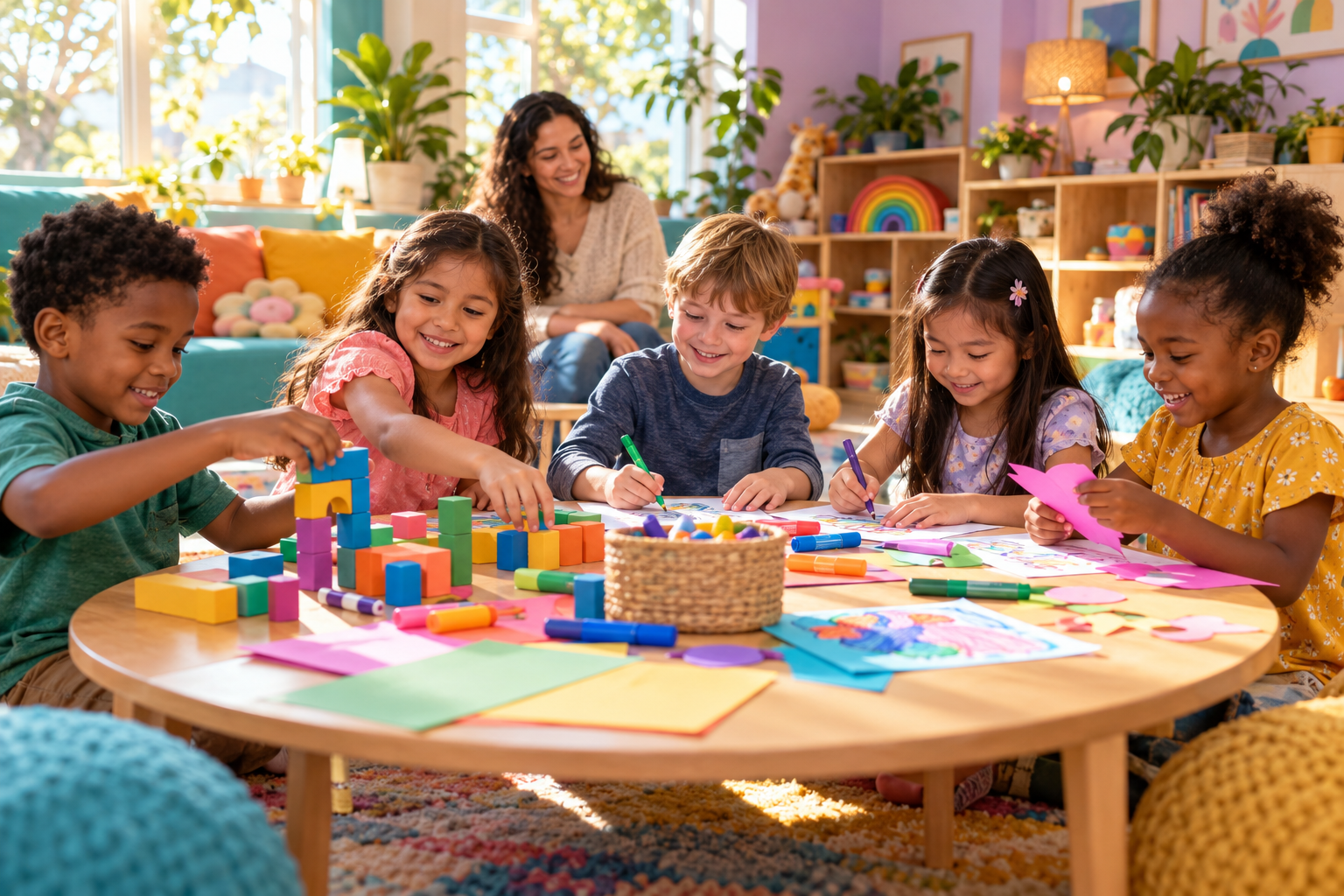 Illustrative scene of children around ages five to nine enjoying colorful crafts and building blocks together