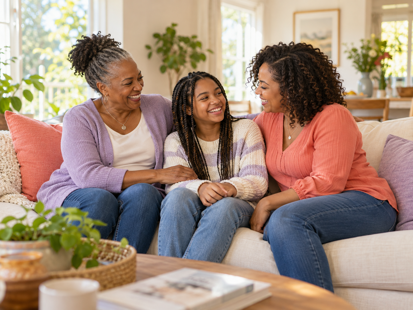 Illustrative scene of a grandmother, mother, and adolescent sharing a warm family conversation