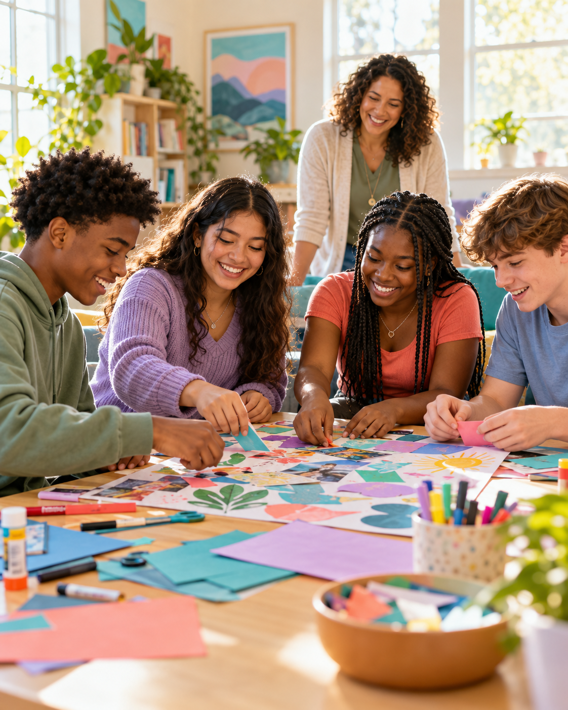 Illustrative scene of adolescents creating art together in a bright, welcoming room